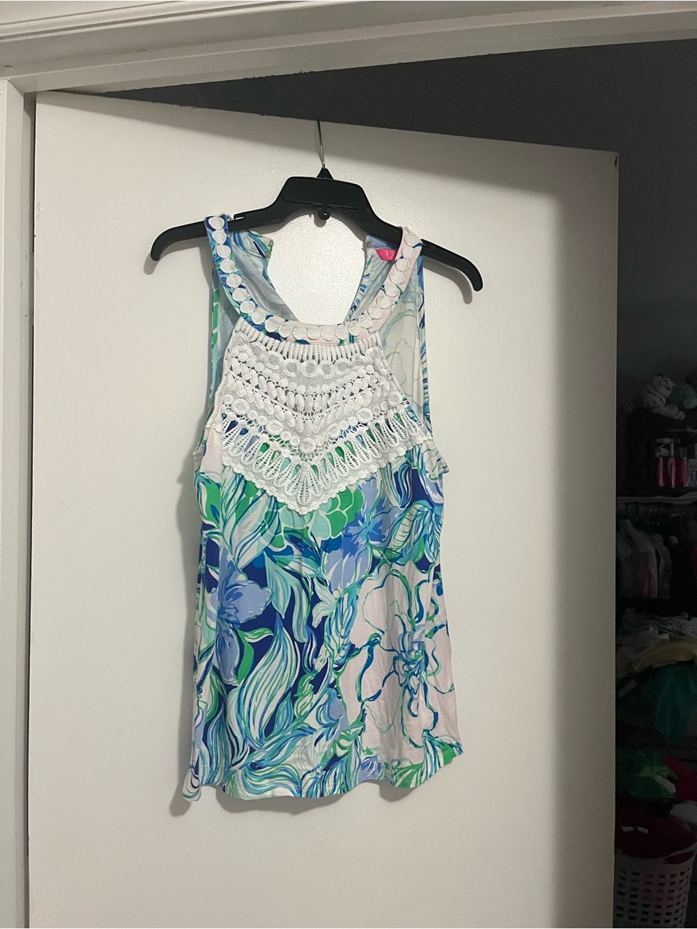 Lilly Pulitzer White Crochet Yoke Floral Camisole - Blue Green